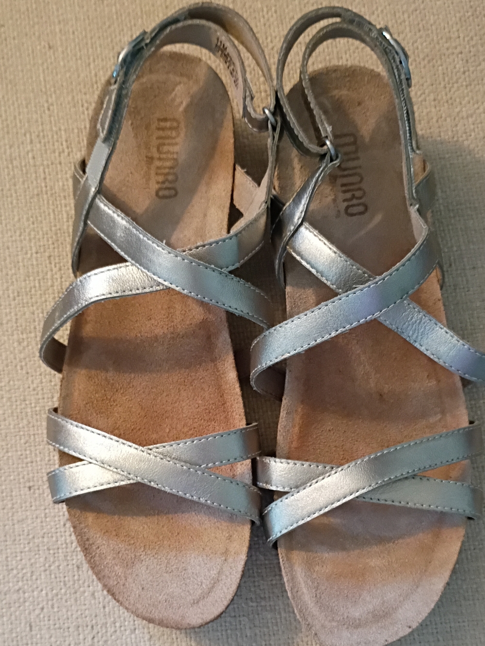 MUNRO-Tarifa-Sz 11-Silver Leather Strappy Cork Wedge Comfort Chic Sandals-USA